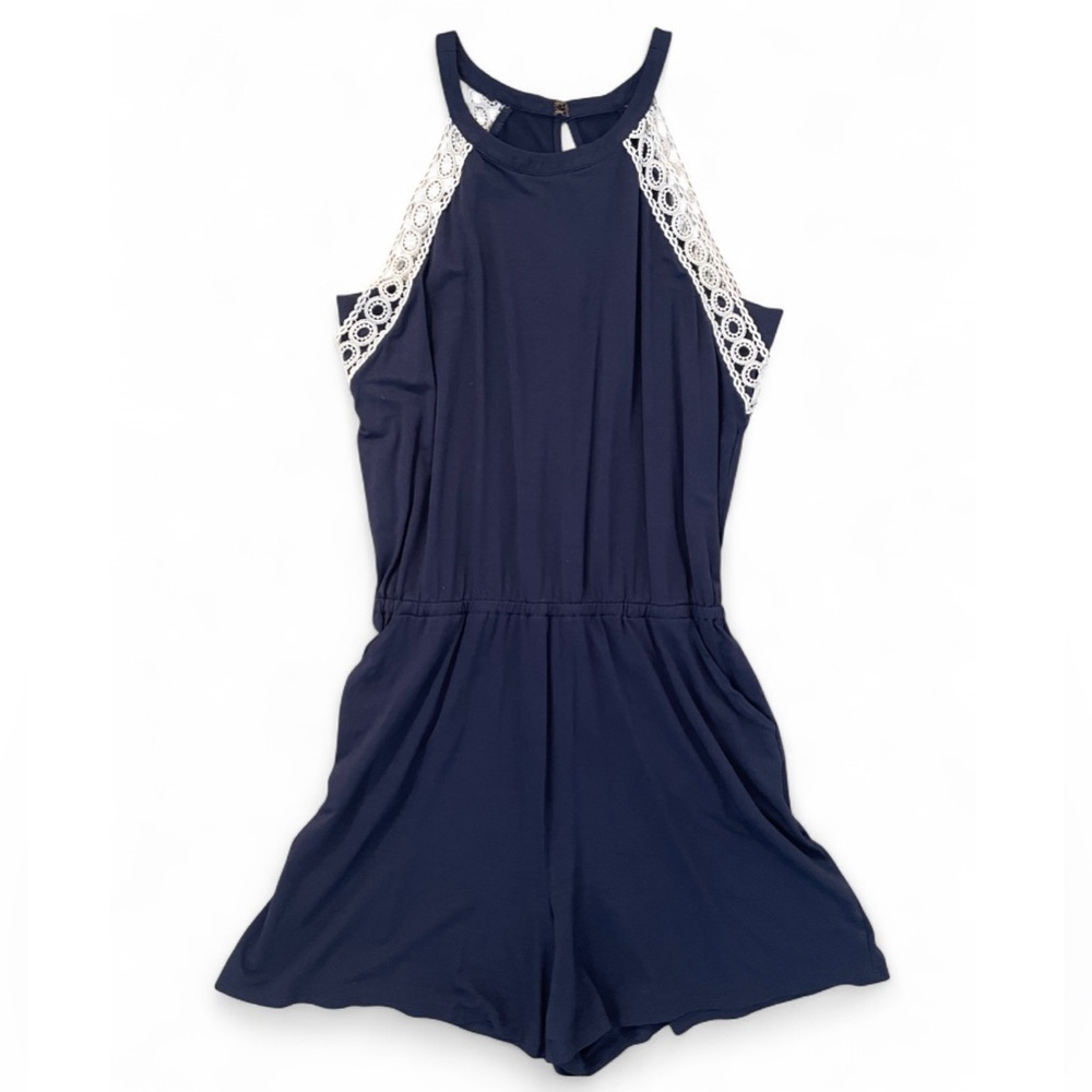 Lilly Pulitzer Romper, Lala, Navy Blue Halter with Crochet Classic Preppy, Large